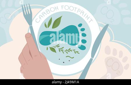 Carbon footprint concept with humans eating meat and a polluted world. Global problem with big emissions co2. Vector green politics illustration in Stock Vector