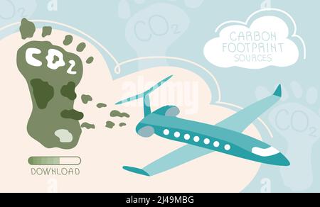 Carbon footprint concept with airplane sources polluted the world. Global problem with big emissions co2. Vector green politics illustration in flat Stock Vector