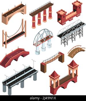Bridges details isometric elements collection with modern metallic constructions ancient wooden stone viaducts spans isolated vector illustration Stock Vector