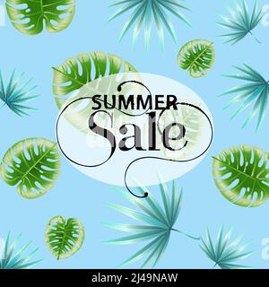 Summer sale blue promo poster design with tropical leaf pattern. Text with swirls on transparent oval can be used for signs, labels, flyers, banners Stock Vector