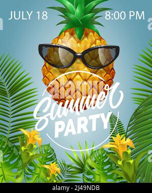 Summer party lettering with pineapple in sunglasses. Summer offer design. Handwritten and typed text, calligraphy. For leaflets, brochures, invitation Stock Vector