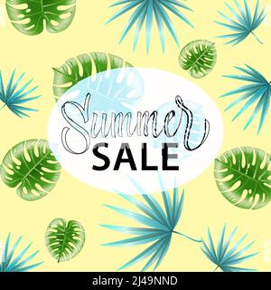 Summer sale. Promo poster design with tropical leaf pattern on yellow background. Text on transparent oval can be used for signs, labels, flyers, bann Stock Vector