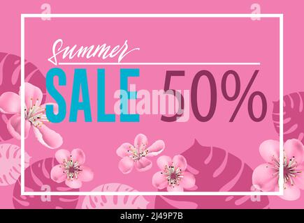Summer sale, fifty percent pink poster design with flowers and leaf shapes. Text in frame can be used for banners, coupons, flyers, labels Stock Vector
