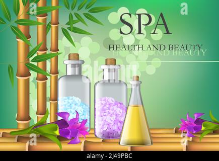 Spa, health and beauty lettering with bamboo and bottles. Spa salon advertising poster design. Typed text, calligraphy. For leaflets, flyers, brochure Stock Vector