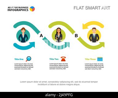 Three workers options process chart template for presentation. Vector illustration. Abstract elements of diagram, graph. Goal, planning, business or t Stock Vector