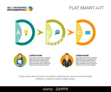 Three steps workflow process chart template for presentation. Business data. Abstract elements of diagram, graphic. Strategy, management, marketing or Stock Vector