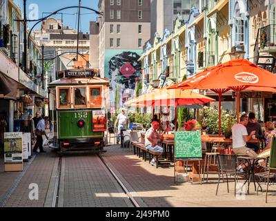 3 January 2019: Christchurch, New Zealand - New Regent Street in the centre of Christchurch, with outdoor cafes and speciality shops, and the tram... Stock Photo