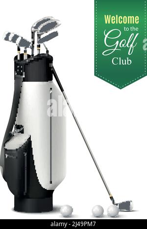 Bag of various golf clubs and balls realistic set on white background vector illustration Stock Vector