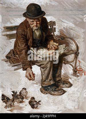 Joseph Christian Leyendecker (American, 1874-1951) Tramp Feeding the Birds, The Saturday Evening Post cover. Stock Photo