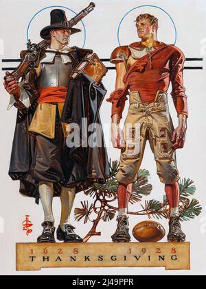 JOSEPH CHRISTIAN LEYENDECKER (American, 1874-1951) Thanksgiving, 1628-1928 - 300 Years (Pilgrim and Football Player) Stock Photo