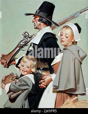 JOSEPH CHRISTIAN LEYENDECKER (American, 1874-1951) Pilgrims. Oil on canvas. Stock Photo
