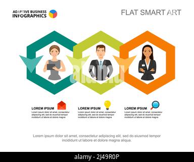 Three points project process chart template for presentation. Vector illustration. Diagram, graph, infochart. Review, consulting, planning or manageme Stock Vector
