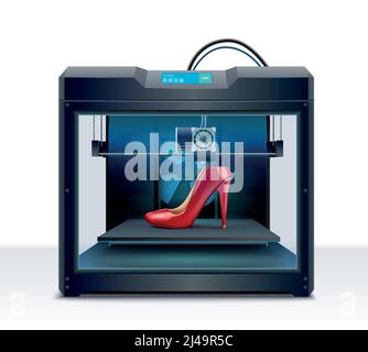 3d printing of red high heeled shoe process isometric composition vector illustration Stock Vector