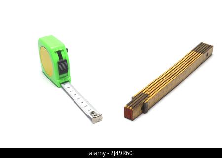 Yellow Measuring tape for tool roulette or ruler. Tape measure template in centimeters. Tapes meter set isolated on black background. Stock Photo