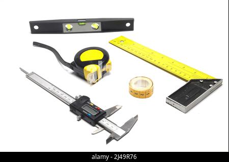Yellow Measuring tape for tool roulette or ruler. Tape measure template in centimeters. Tapes meter set isolated on black background. Stock Photo
