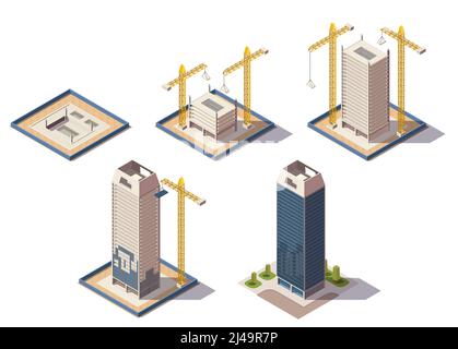 City skyscrapers isometric composition with isolated images of construction site representing different stages of construction process vector illustra Stock Vector