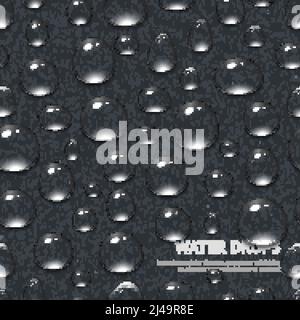 Realistic water drops on black textured background seamless pattern vector illustration Stock Vector