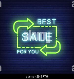 Best sale for you lettering in neon style. Vector illustration with glowing text and green direction arrows. Night bright template for banners, billbo Stock Vector