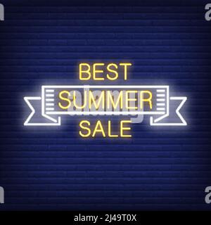 Best summer sale scroll in neon style. Summer word inside of white ribbon. Night bright advertisement. Vector illustration in neon style for seasonal Stock Vector