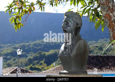 Tiradentes, Minas Gerais, Brazil - July 14, 2021: Tiradentes metal statue representing the ensign on a public road Stock Photo