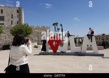 Jerusalem. 12th Apr, 2022. Photo taken on April 12, 2022 shows visitors near the Old City of Jerusalem. Credit: Wang Zhuolun/Xinhua/Alamy Live News Stock Photo
