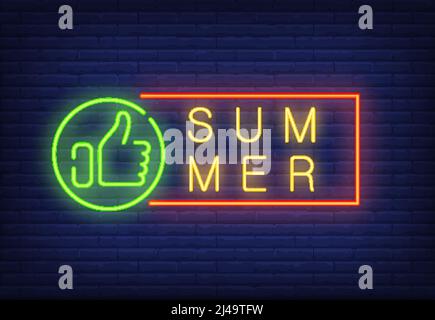 Summer neon text in frame with thumb up. Seasonal offer or sale advertisement design. Night bright neon sign, colorful billboard, light banner. Vector Stock Vector