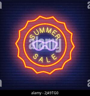 Summer sale lettering in neon style. Vector illustration with glowing text in sun shaped orange frame and violet sunglasses. Template for night bright Stock Vector