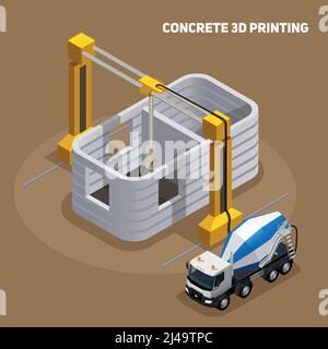 Concrete production isometric composition with view of 3d printed building under construction with cement mixing truck vector illustration Stock Vector
