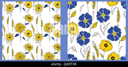 Seamless pattern in Tradition Ukrainian flower, wheat, poppy, cornflower and sunflower. Vector illustration global politics, NO WAR, aggression Stock Vector