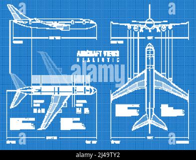 Aviation industrial dimensioned drawing blueprint of outline airplane top side and front views realistic vector illustration Stock Vector