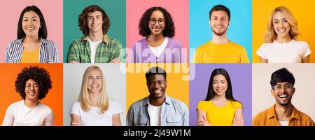 Positive multiethnic men and women posing on colorful backgrounds, collage Stock Photo