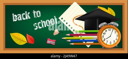 Back to school banner design with graduation cap, pencils, alarm clock, autumn leaves and chalkboard. Text can be used for signs, brochures, posters Stock Vector