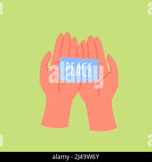 Human hands hold card, piece of paper with peace message, arms save and protect life Stock Vector