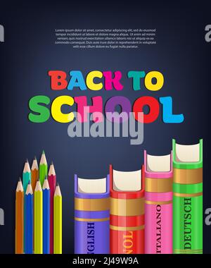 Back to school brochure design with books and colorful pencils. Text can be used for signs, posters, banners Stock Vector