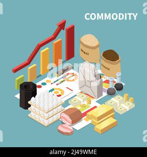 Commodity isometric composition with images of manufactured goods and infographic objects graphs and arrows with text vector illustration Stock Vector