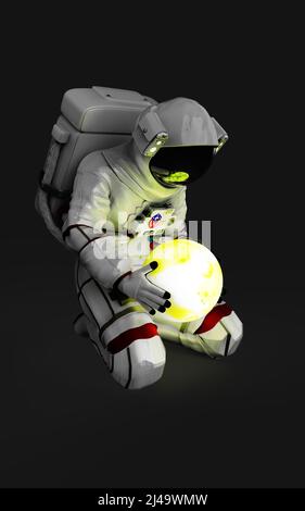 3d Illustration White astronaut sitting and holding the moon planet, looking upset or sad, on dark black background Stock Photo