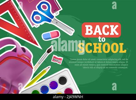 Back to school lettering with watercolor paints, scissors and backpack. Offer or sale advertising design. Typed text, calligraphy. For leaflets, broch Stock Vector