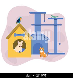 Pet hotel with dog, cat, parrot and lizard. Stock Vector