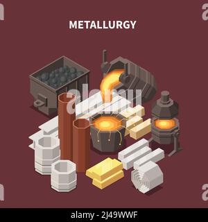 Commodity isometric composition with images of fire pots tubes waggons and various metallurgical production industrial goods vector illustration Stock Vector