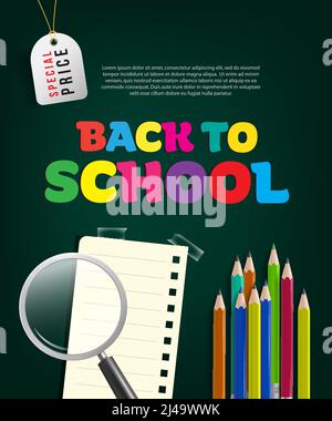 Back to school special price flyer design with magnifier glass, note, colorful pencils and tag on green background. Text can be used for signs, poster Stock Vector