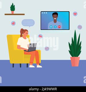 Virtual love. Couple in love talking on skype Stock Vector