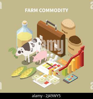Commodity isometric composition with conceptual images of farming related items animals and infographic elements with text vector illustration Stock Vector