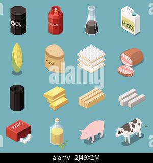 Commodity icons isometric collection of sixteen images with industrial and manufactured goods with animals and food vector illustration Stock Vector