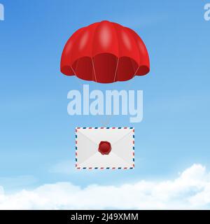 Vector 3d Realistic Vintage Letter Stamp, White Envelope with Wax Seal, Red Parachute in Blue Sky Background. Certificate, Document. Imprint, Insignia Stock Vector