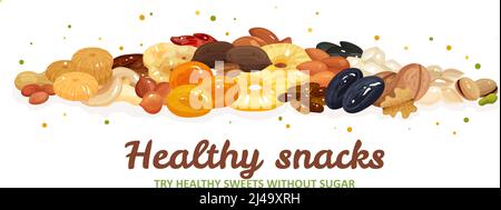 Various nuts and dried fruits for healthy and delicious snack flat vector illustration Stock Vector