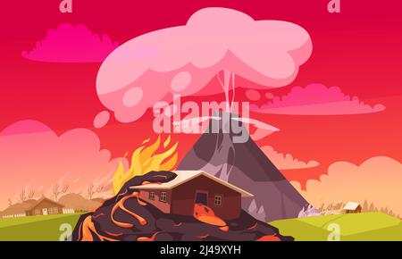 Natural disasters eruption composition of flat cartoon style landscape with burning houses and convulsion of nature vector illustration Stock Vector