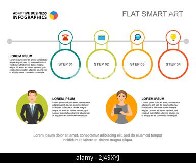 Four steps process chart template for presentation. Vector illustration. Diagram, graph, infochart. Vision, idea, planning or marketing concept for in Stock Vector