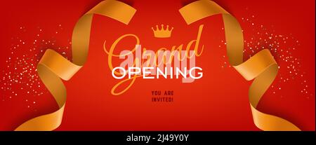 Grand opening ceremony festive banner with crown, golden ribbons and confetti on red background. Lettering can be used for invitations, brochure, adve Stock Vector