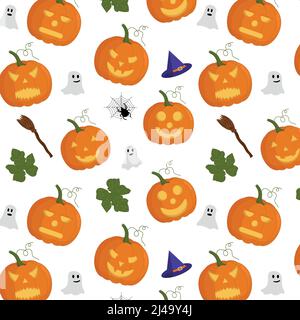Pumpkin seamless vector pattern. Halloween. Pumpkin with leaves, witch hat, ghosts, broom Stock Vector