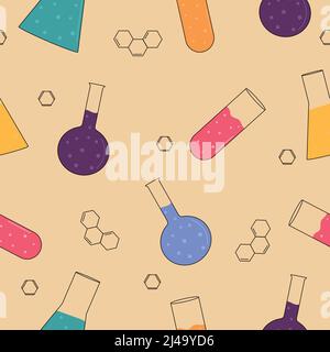 Chemistry seamless pattern. Multicolored chemical flasks on a beige background Stock Vector
